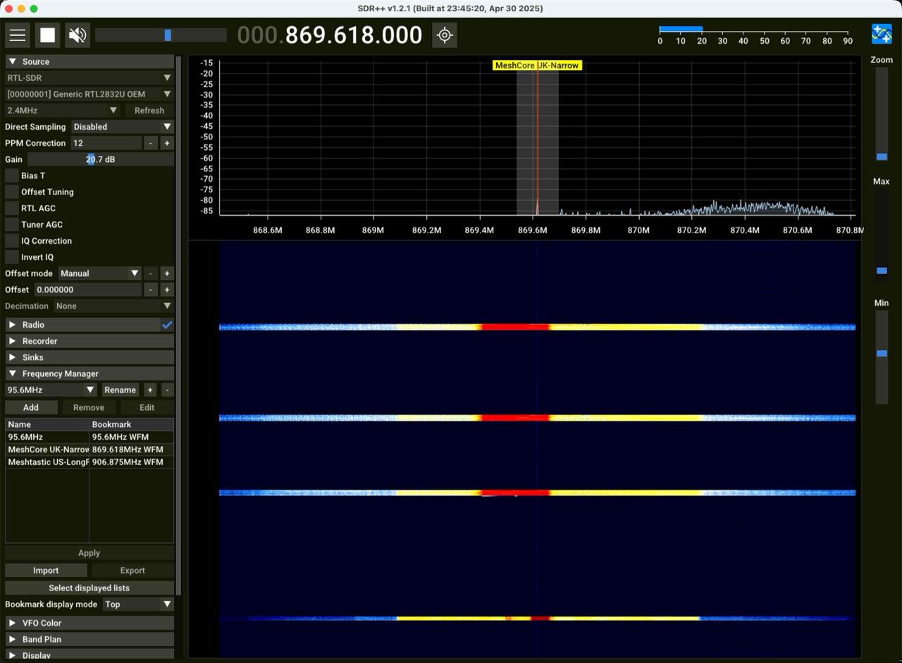 RF waterfall spectrum comparison - GAT562 Pro 22dBm advert vs GAT562 30s Kit 30dBm three messages showing signal strength difference