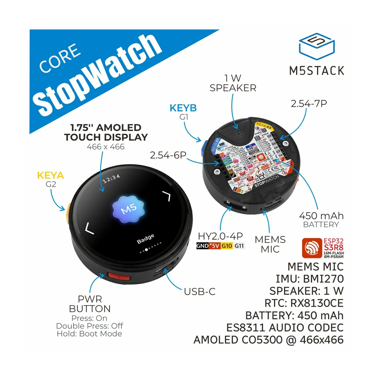 M5Stack StopWatch - ESP32-S3 Round AMOLED Touch Development Board