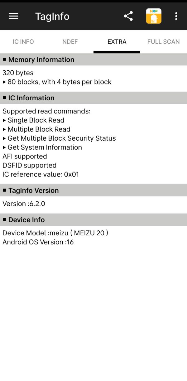 NXP TagInfo Extra screen showing 320-byte memory, 80 blocks, AFI and DSFID support on the Gen3 ISO15693 tag