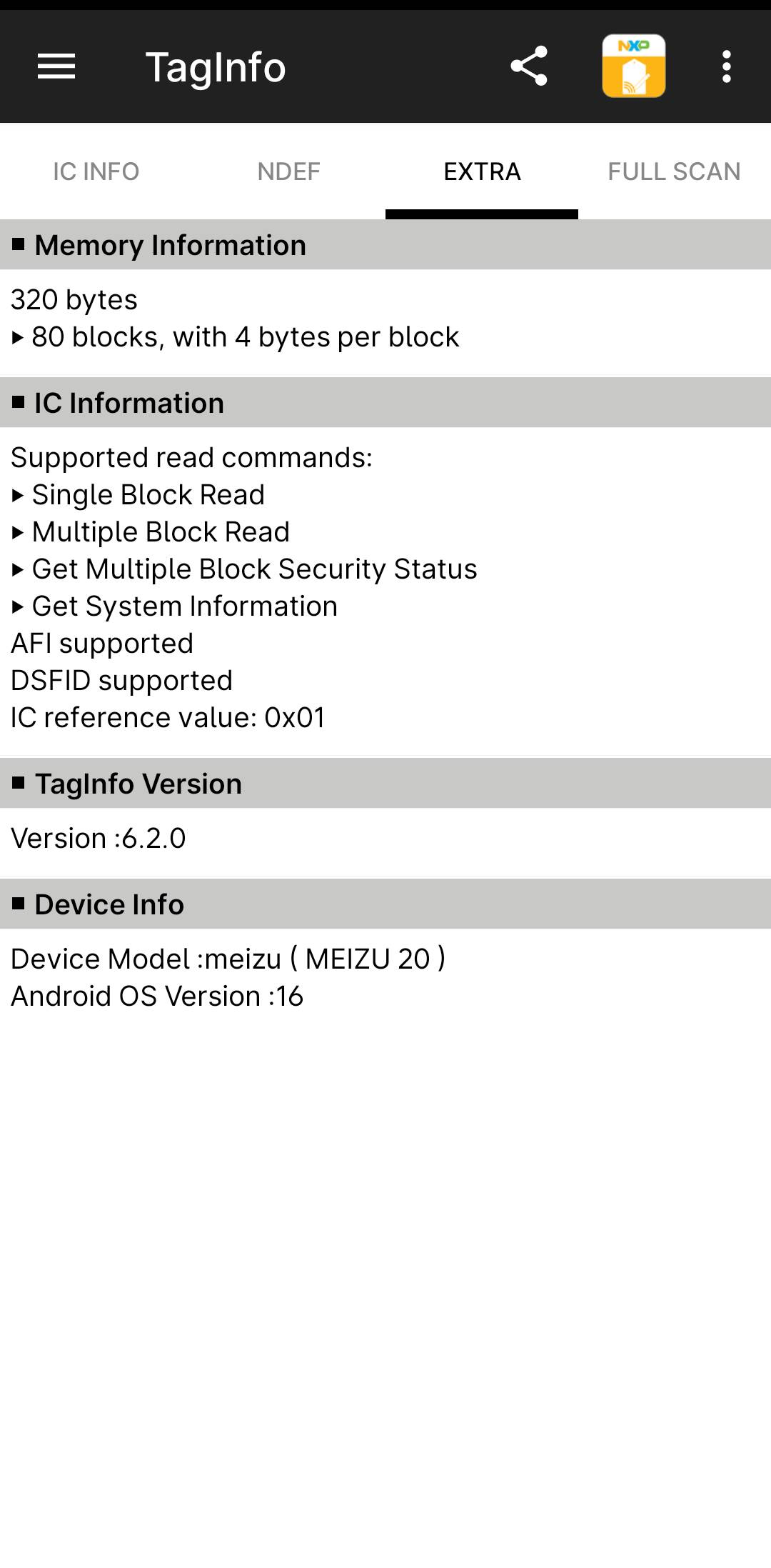 NXP TagInfo Extra screen showing 320-byte memory, 80 blocks, AFI and DSFID support on the Gen3 ISO15693 tag