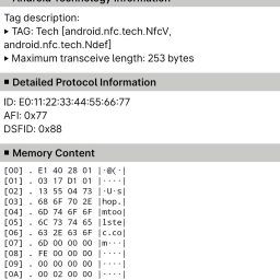 NXP TagInfo Full Scan screen verifying UID E011223344556677, AFI 0x77 and DSFID 0x88