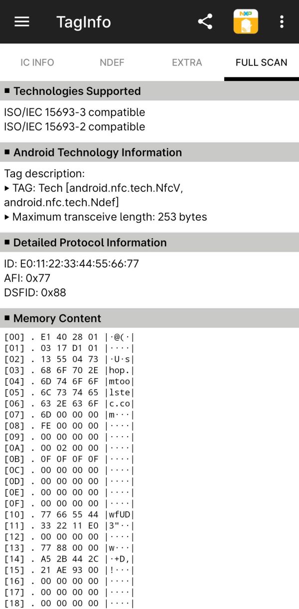 NXP TagInfo Full Scan screen verifying the updated UID E011223344556677, AFI 0x77 and DSFID 0x88