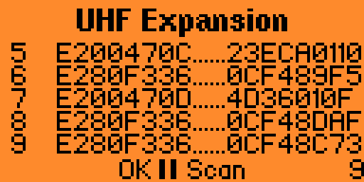 Flipper Zero UHF Expansion EPC tag list screen