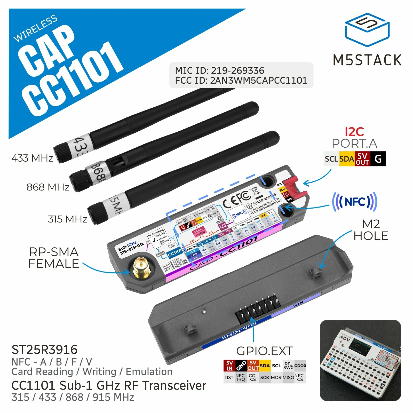 M5Stack Cap CC1101 NFC module product view