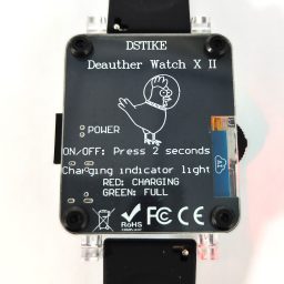 Deauther Watch X II rear panel with power and charging indicators