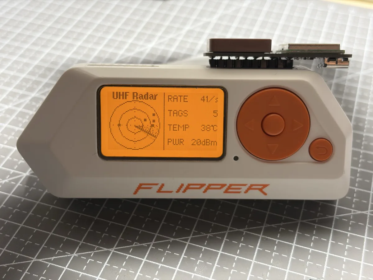Flipper Zero running the UHF Expansion 1.1 radar inventory screen
