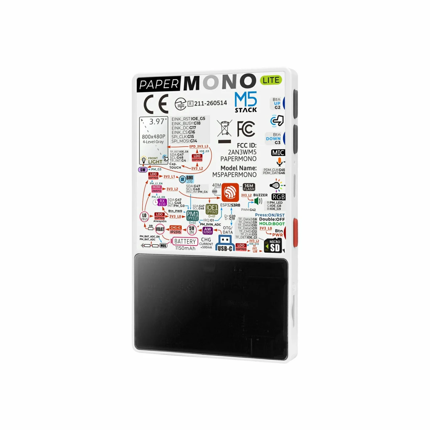 Rear view of PaperMono Lite showing its labeled hardware without LoRa or NFC modules