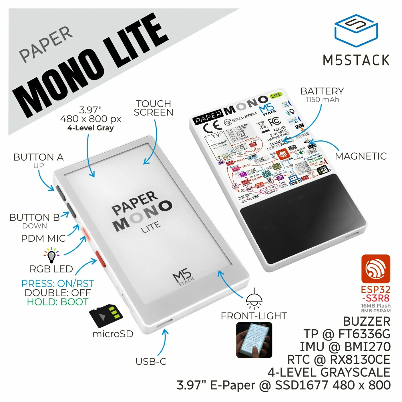 PaperMono Lite feature overview with touch e-paper front light and no LoRa or NFC