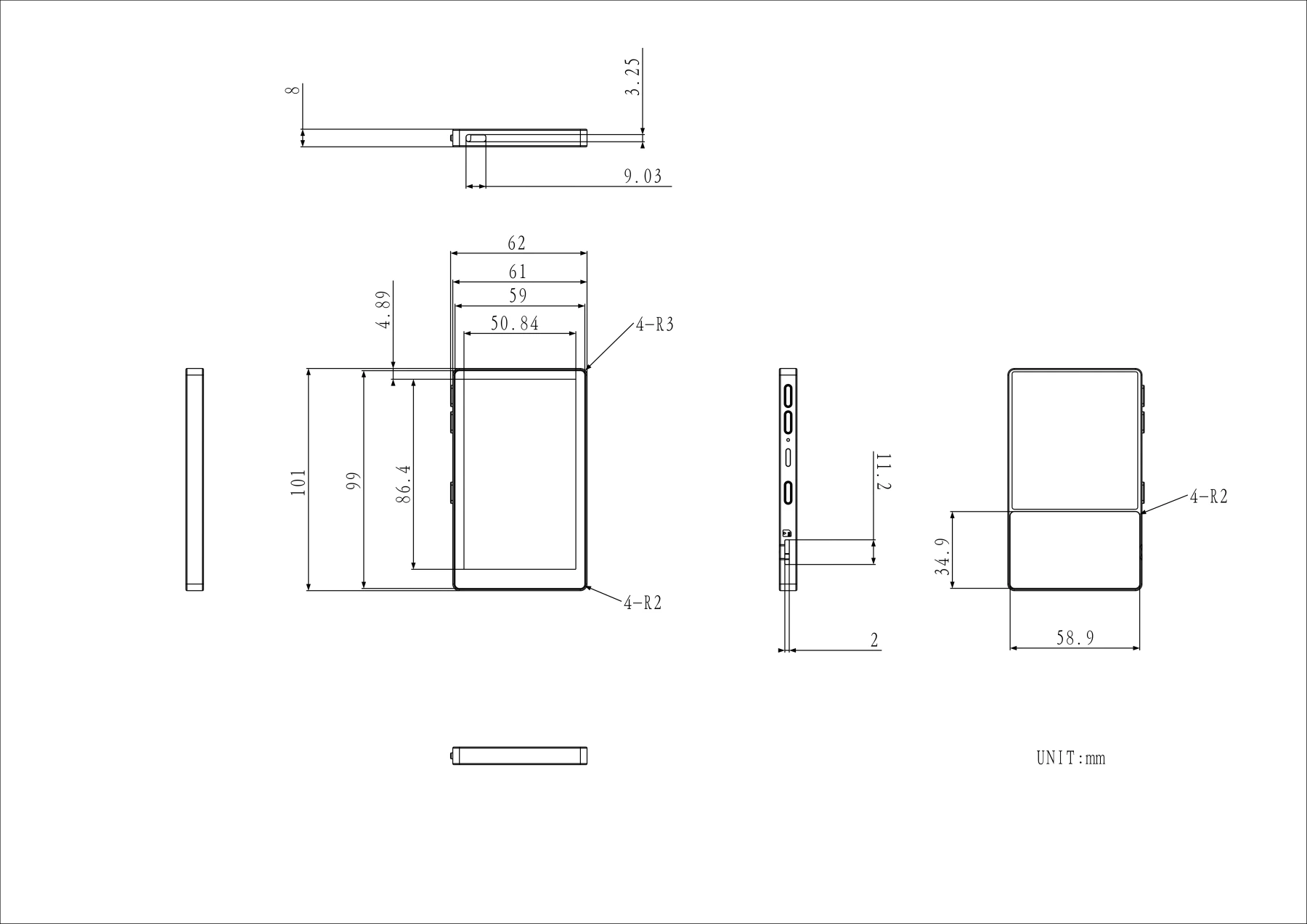 Official M5Stack PaperMono mechanical drawing with dimensions in millimeters