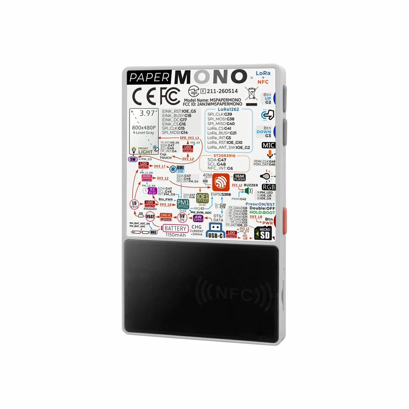 Rear view of PaperMono Standard showing its labeled hardware and LoRa NFC circuitry