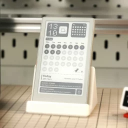 PaperMono Standard displaying a grayscale dashboard in a desktop stand