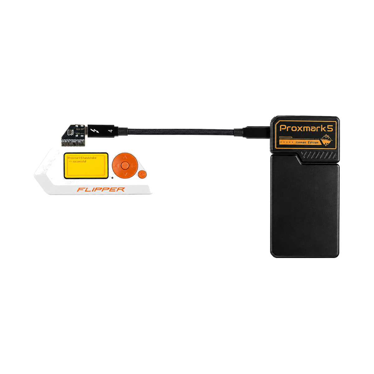 Flipper Zero connected to Proxmark5 Iceman Edition over USB-C on white background