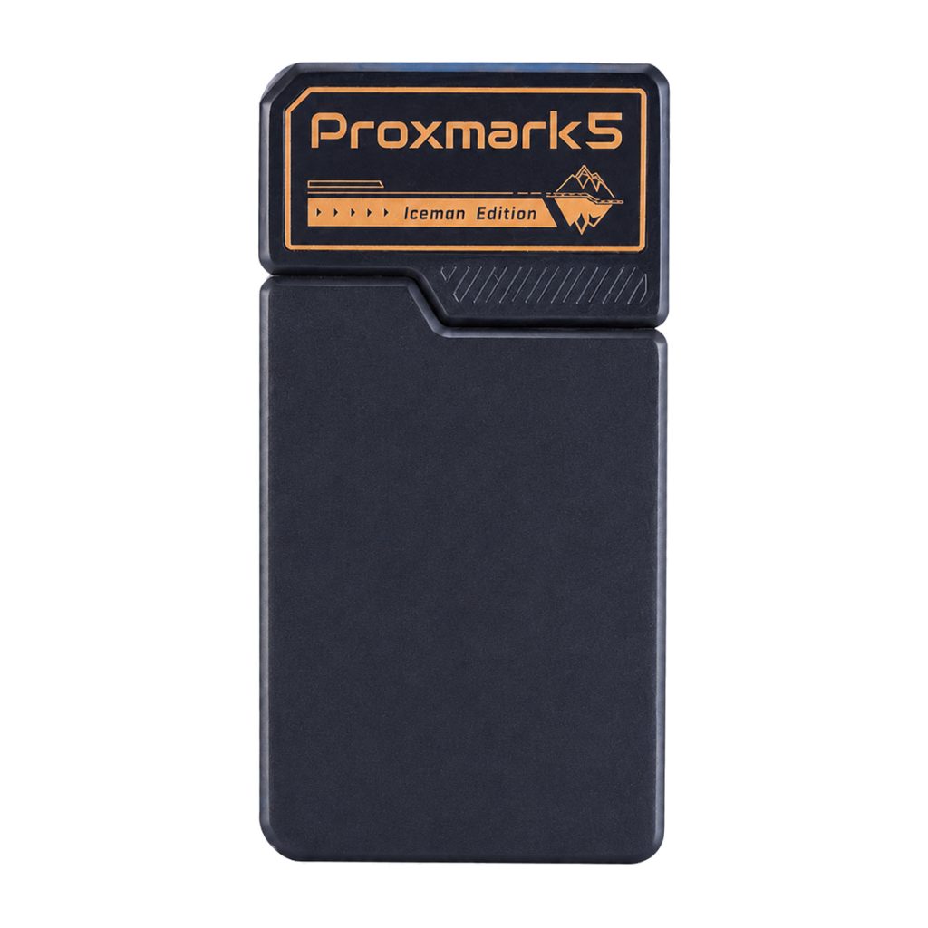 Proxmark5 Iceman Edition black-and-gold tri-band RFID research device on white background