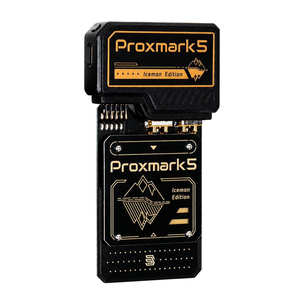 Proxmark5 Iceman Edition with cover removed showing PCB and antenna assembly on white background