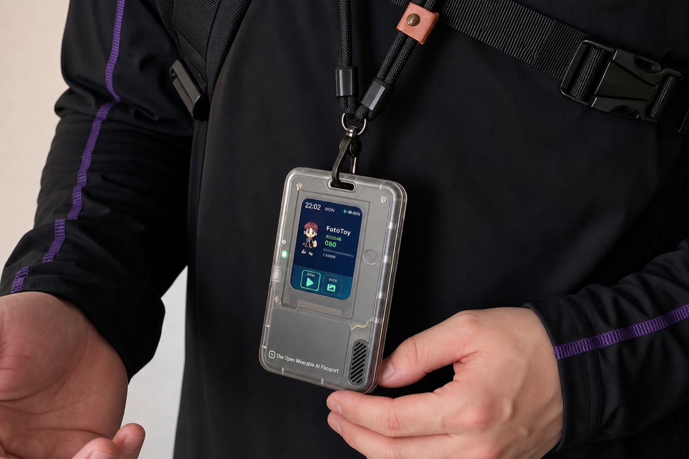 TRAE AI Card worn as a programmable identity badge