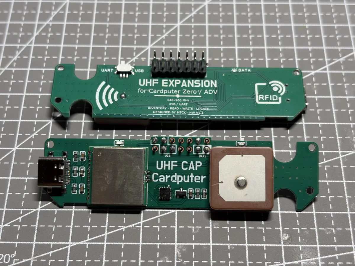 Front and rear PCB views of the UHF Expansion for Cardputer Zero and Cardputer ADV