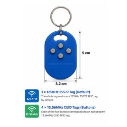 5-in-1 RFID key fob dimensions and frequency layout