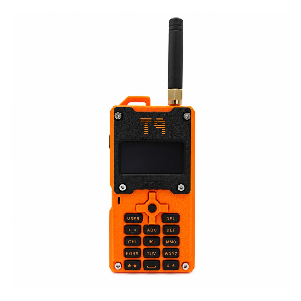 GAT562 30S T9 orange Meshtastic handheld on white, front view
